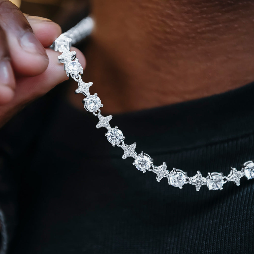 Round Stone Star Tennis Chain in White Gold - 8mm