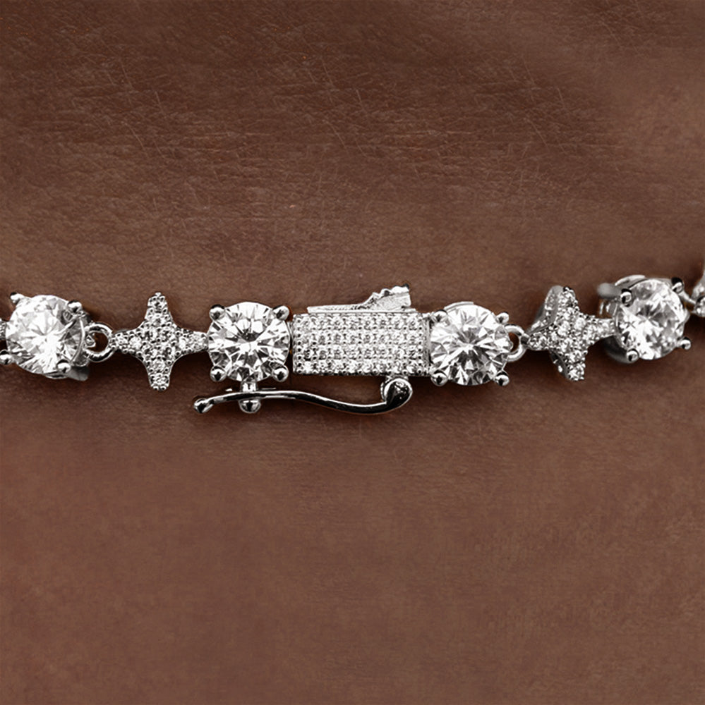 Round Stone Star Tennis Chain in White Gold - 8mm