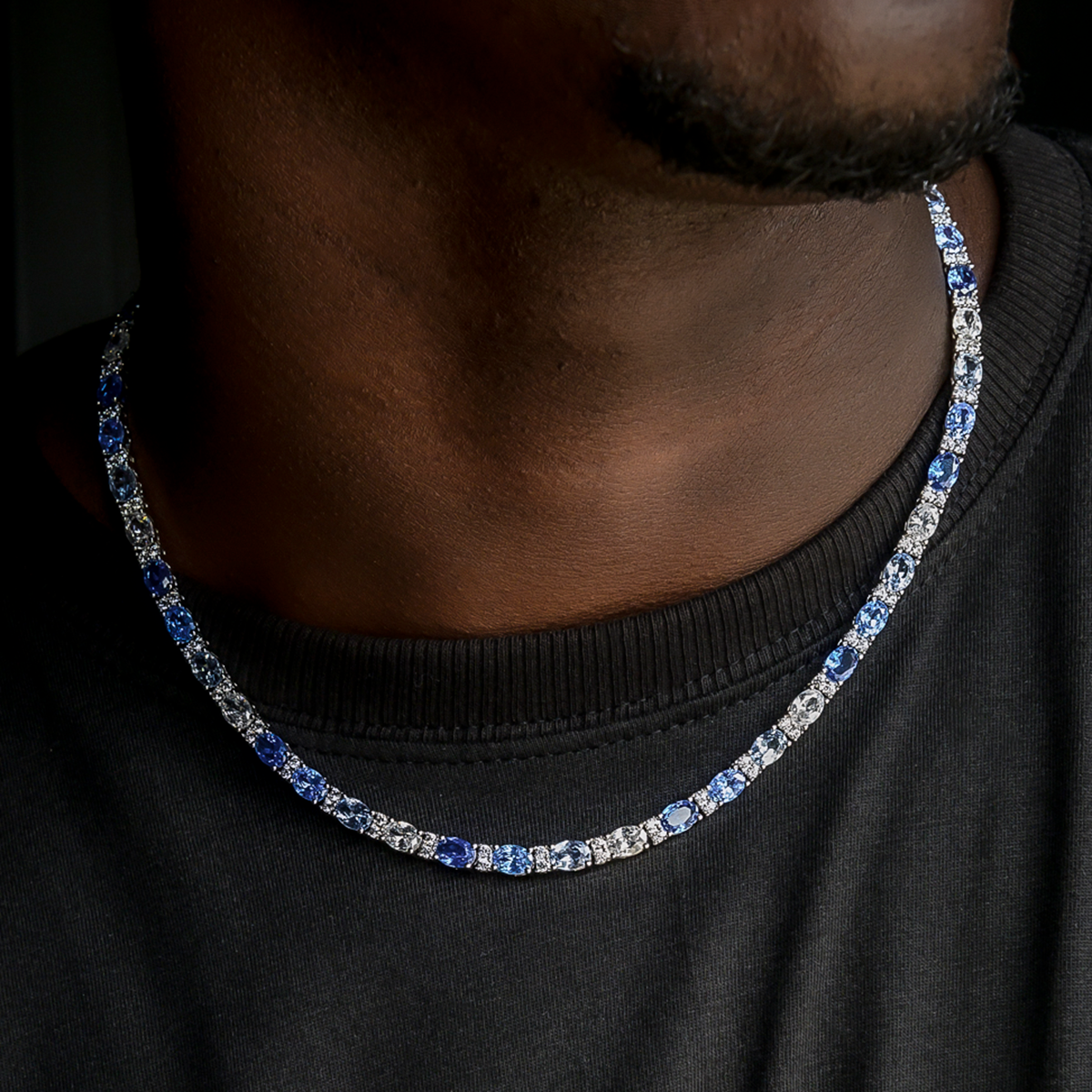 Blue Mixed Oval Cut Tennis Chain in White Gold - 5mm