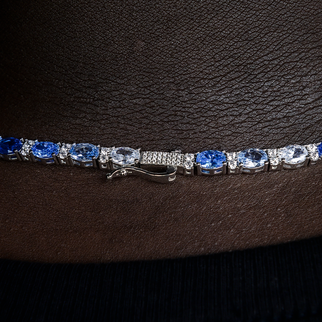 Blue Mixed Oval Cut Tennis Chain in White Gold - 5mm