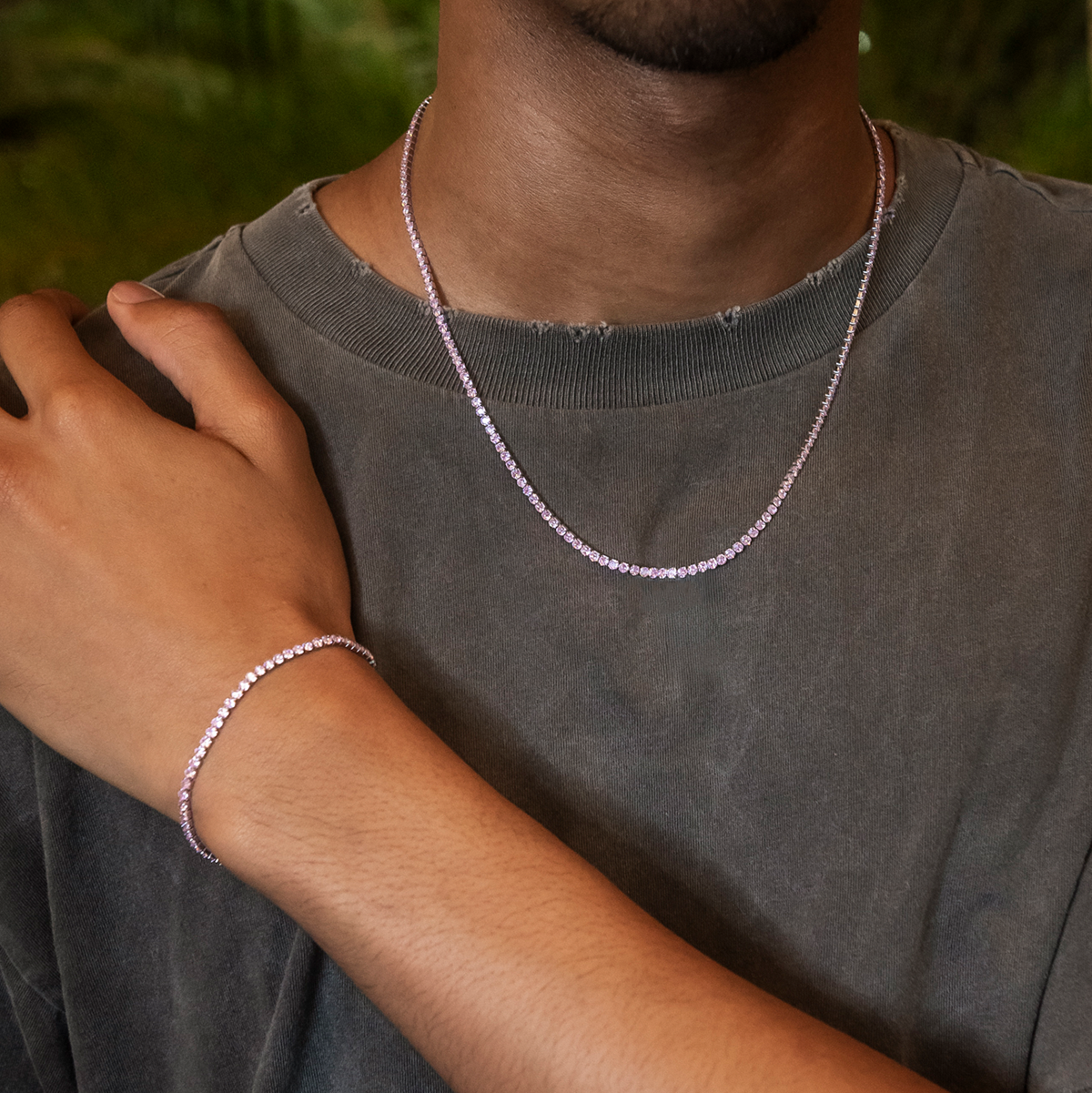 Pink Diamond Micro Tennis Chain in White Gold