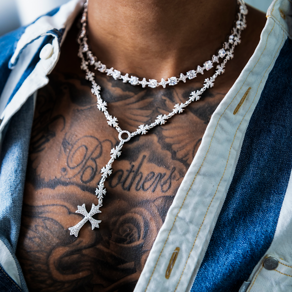 Flared Cross Rosary Chain in White Gold - 8mm