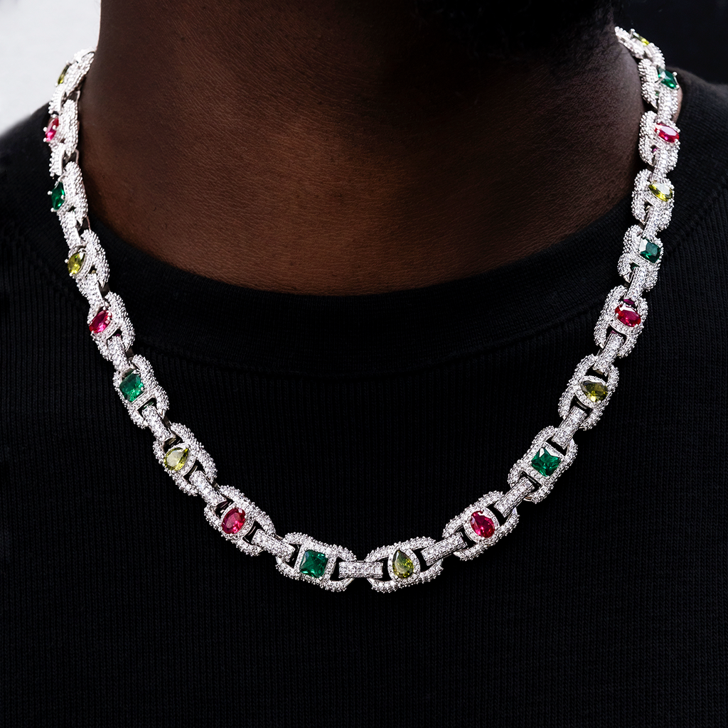 Diamond Multicolor Cluster Mariner Chain in White Gold