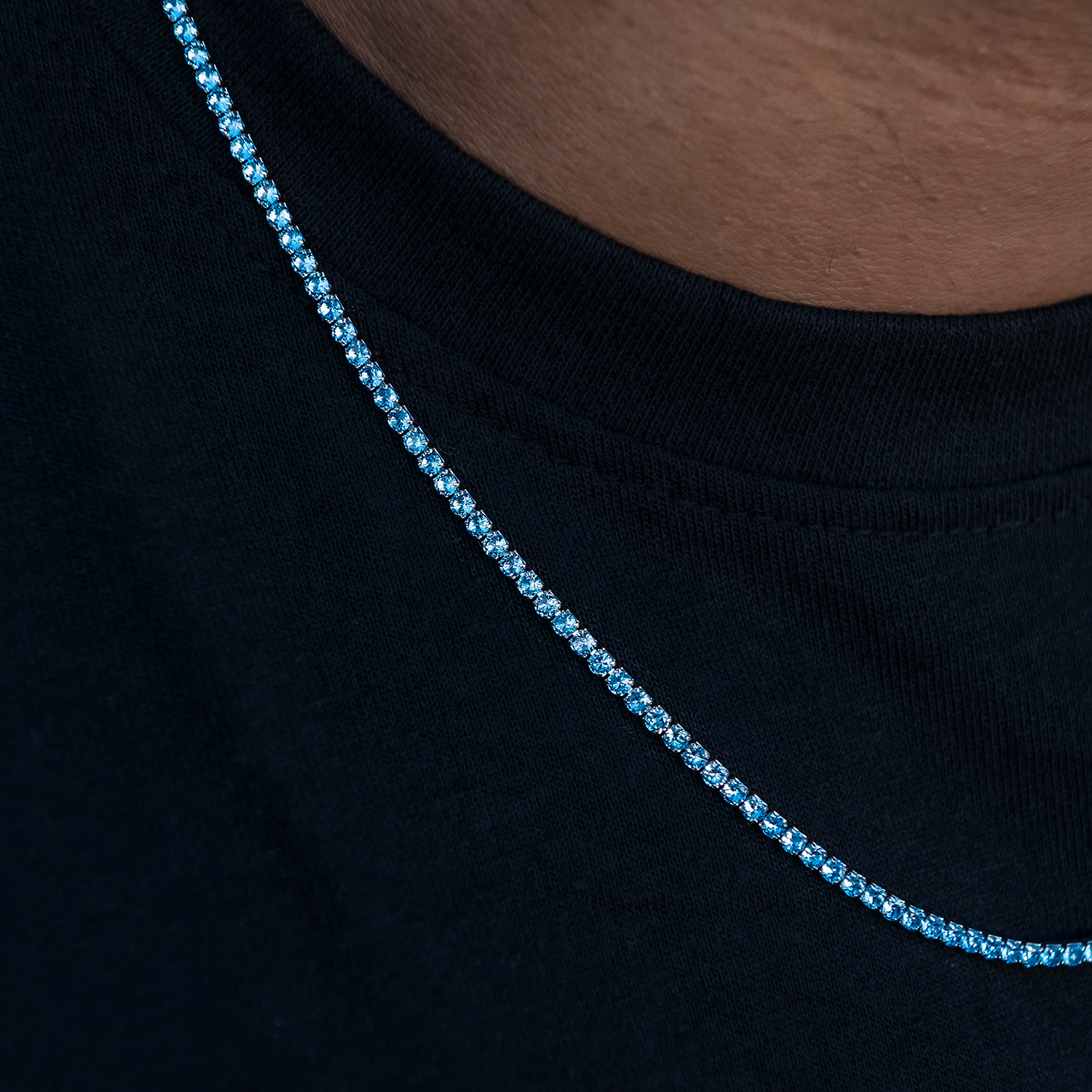 Blue Topaz Diamond Micro Tennis Chain in White Gold