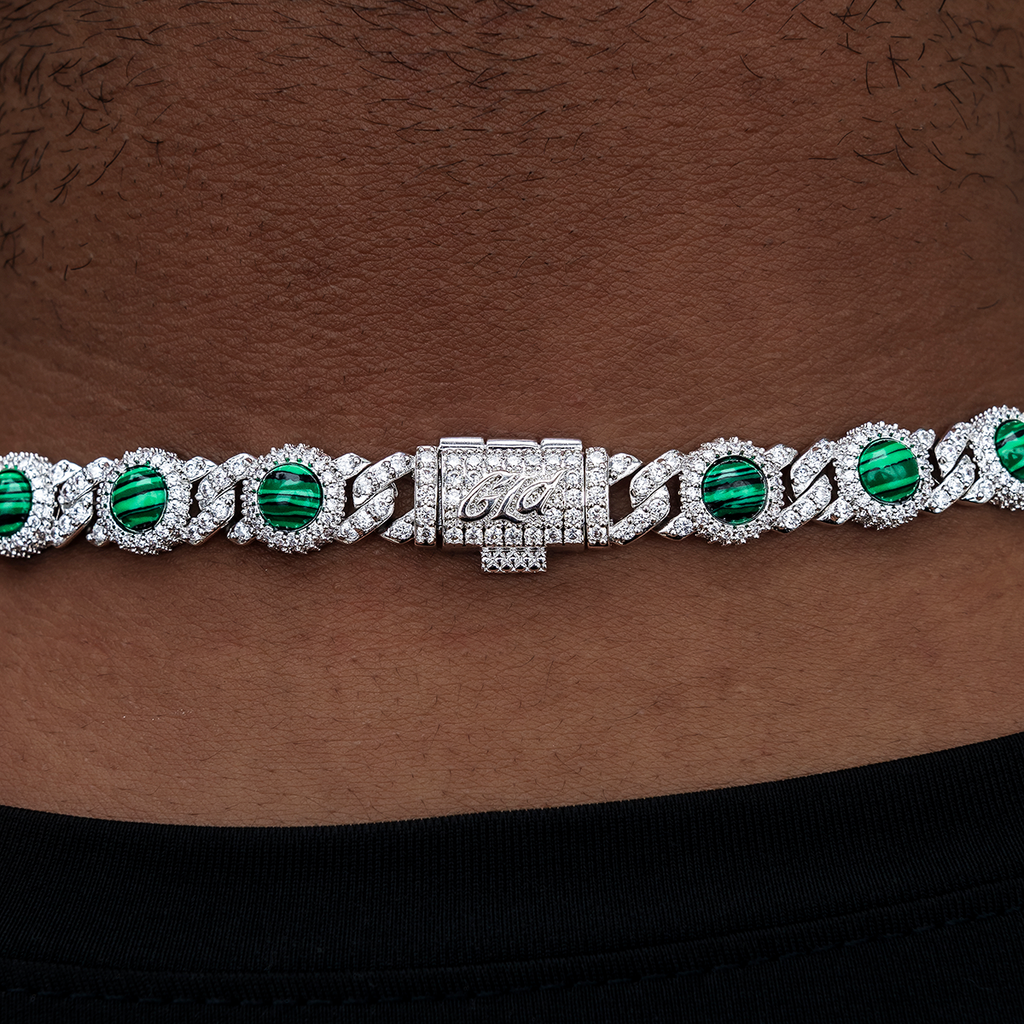 10mm Iced Halo Cuban Chain with Malachite in White Gold
