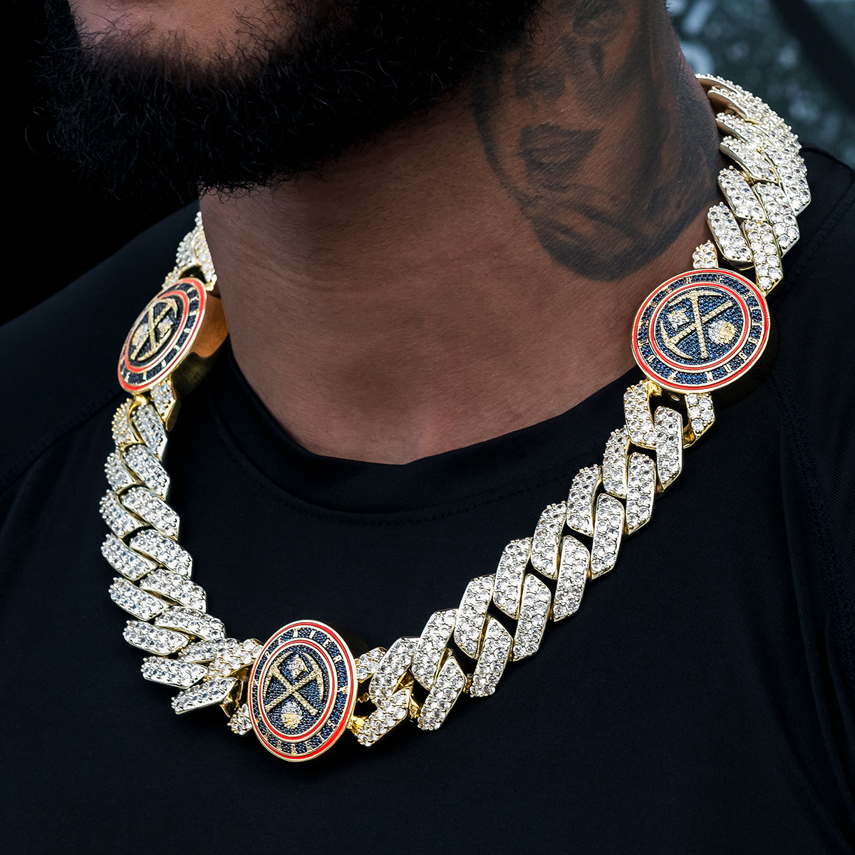 Denver Nuggets Official NBA Diamond Prong Cuban Chain in Yellow Gold- 25mm