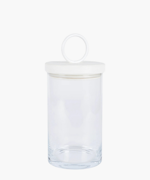 Clear glass jar with a round, white iron and reclaimed wood lid featuring a loop handle. The jar is empty, showcasing its clean and minimalist design. | Wildwood Home Co.