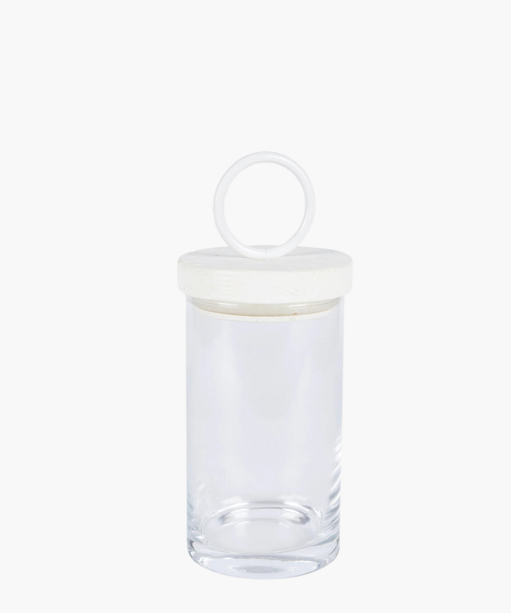 Clear glass jar with a round, white iron and reclaimed wood lid featuring a loop handle. The jar is empty, showcasing its clean and minimalist design. | Wildwood Home Co.