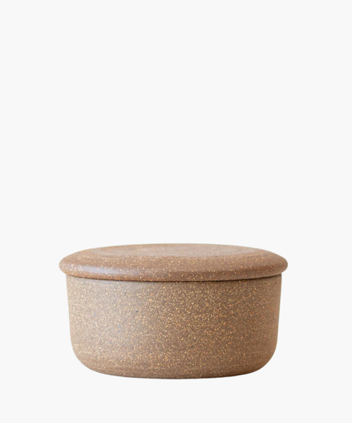 Ceramic butter keeper with minimalist design. Plain brown, on a white background. | Wildwood Home Co.