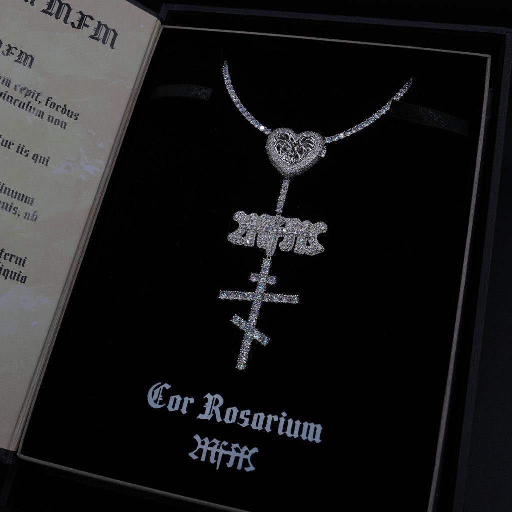 GLD X Bloody Osiris Iced Locket Rosary Chain in White Gold