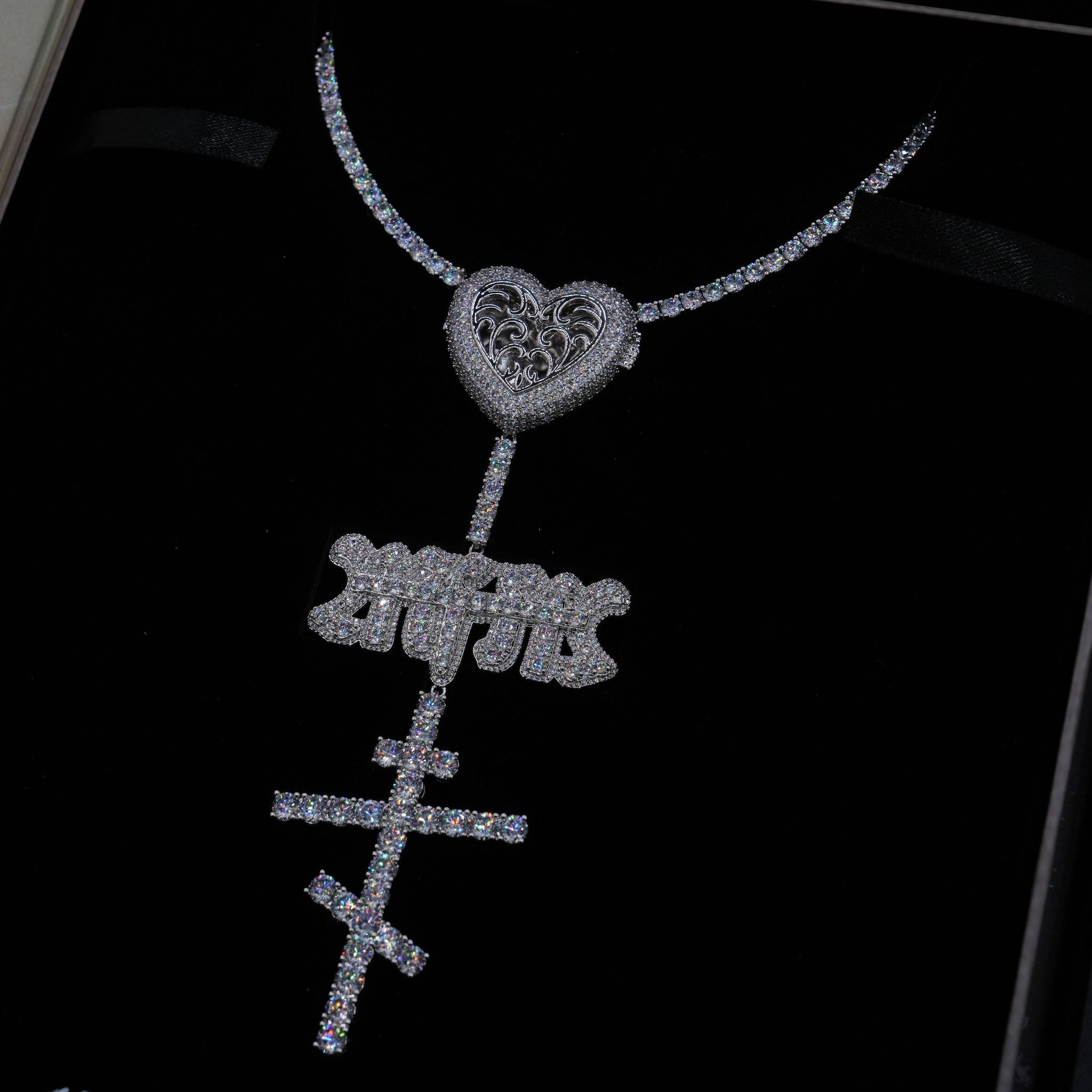 GLD X Bloody Osiris Moissanite Locket Rosary Chain in White Gold Vermeil