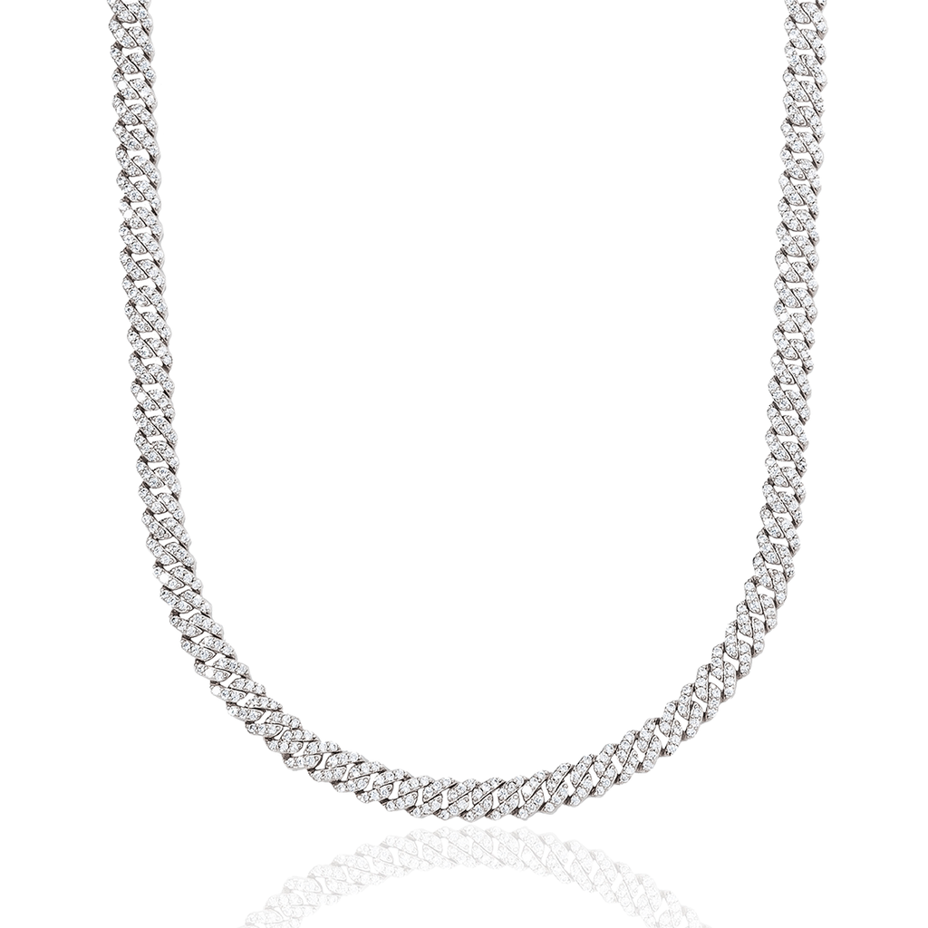 Micro Diamond Prong Cuban Chain in White Gold - 6mm