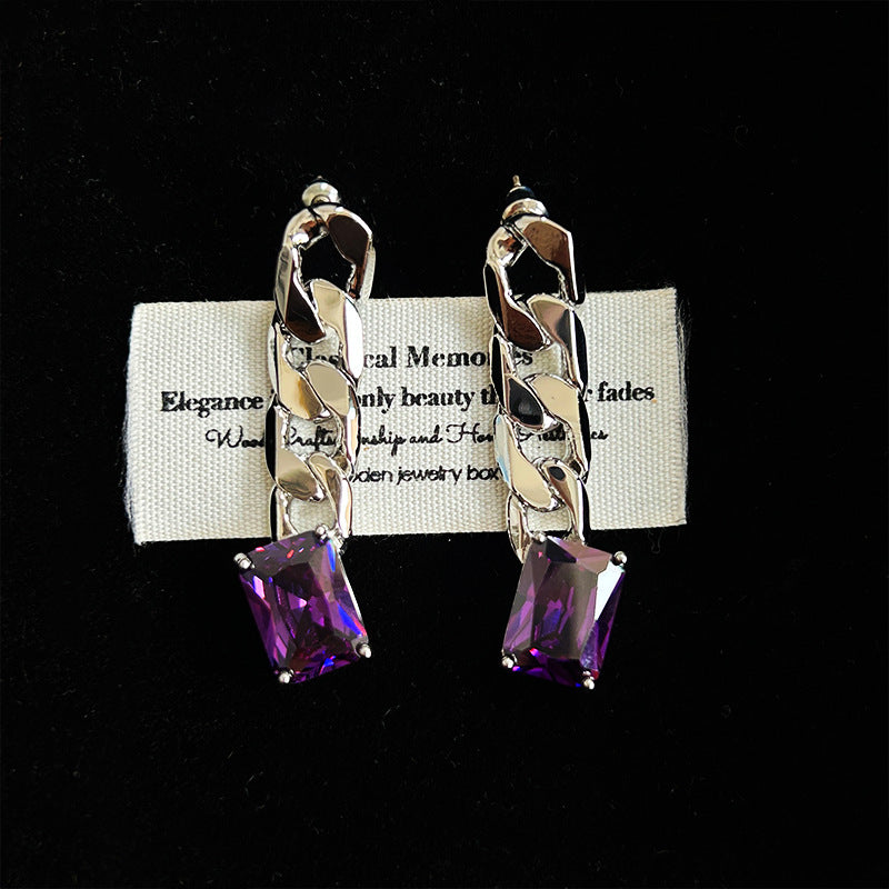 Y2K Purple Diamond Cuban Chain Stud Earrings Cool Street Style