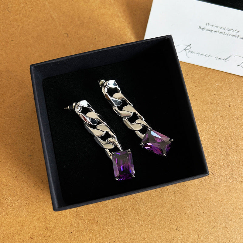 Y2K Purple Diamond Cuban Chain Stud Earrings Cool Street Style