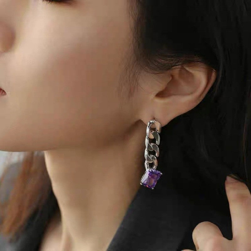 Y2K Purple Diamond Cuban Chain Stud Earrings Cool Street Style