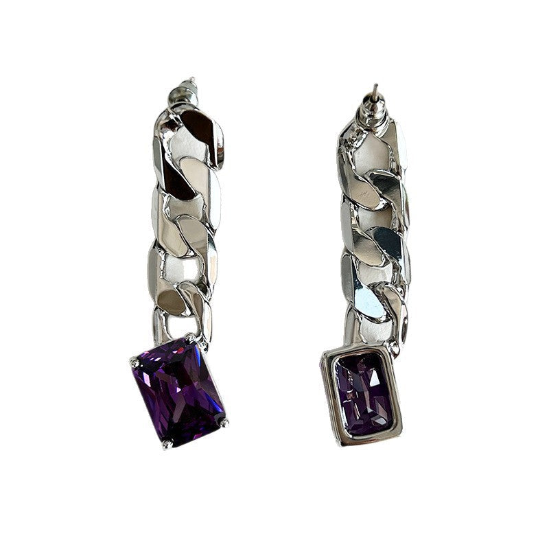 Y2K Purple Diamond Cuban Chain Stud Earrings Cool Street Style