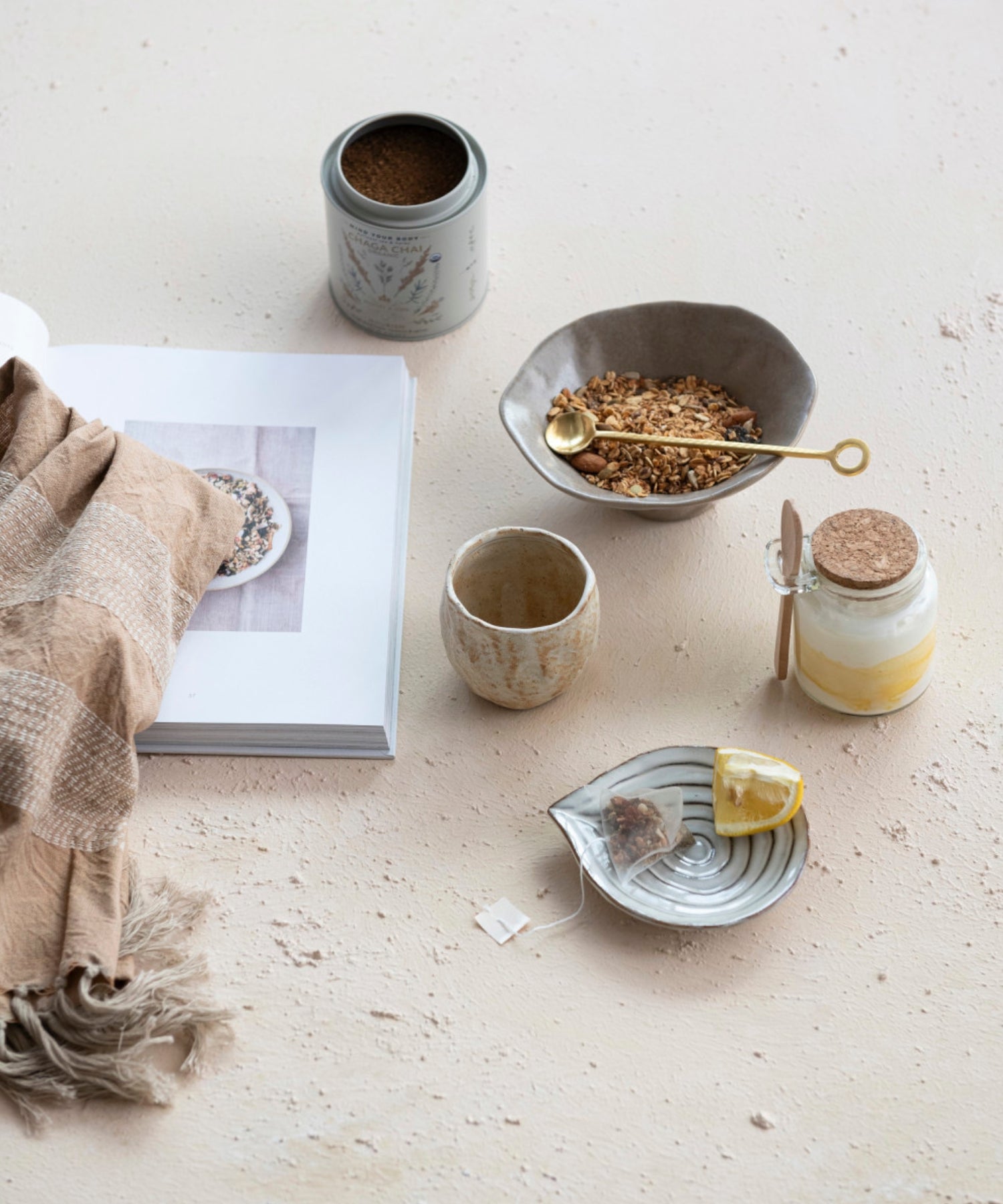 Embossed stoneware dish or spoon rest with reactive glaze styled with kitchen wares. | Wildwood Home Co.