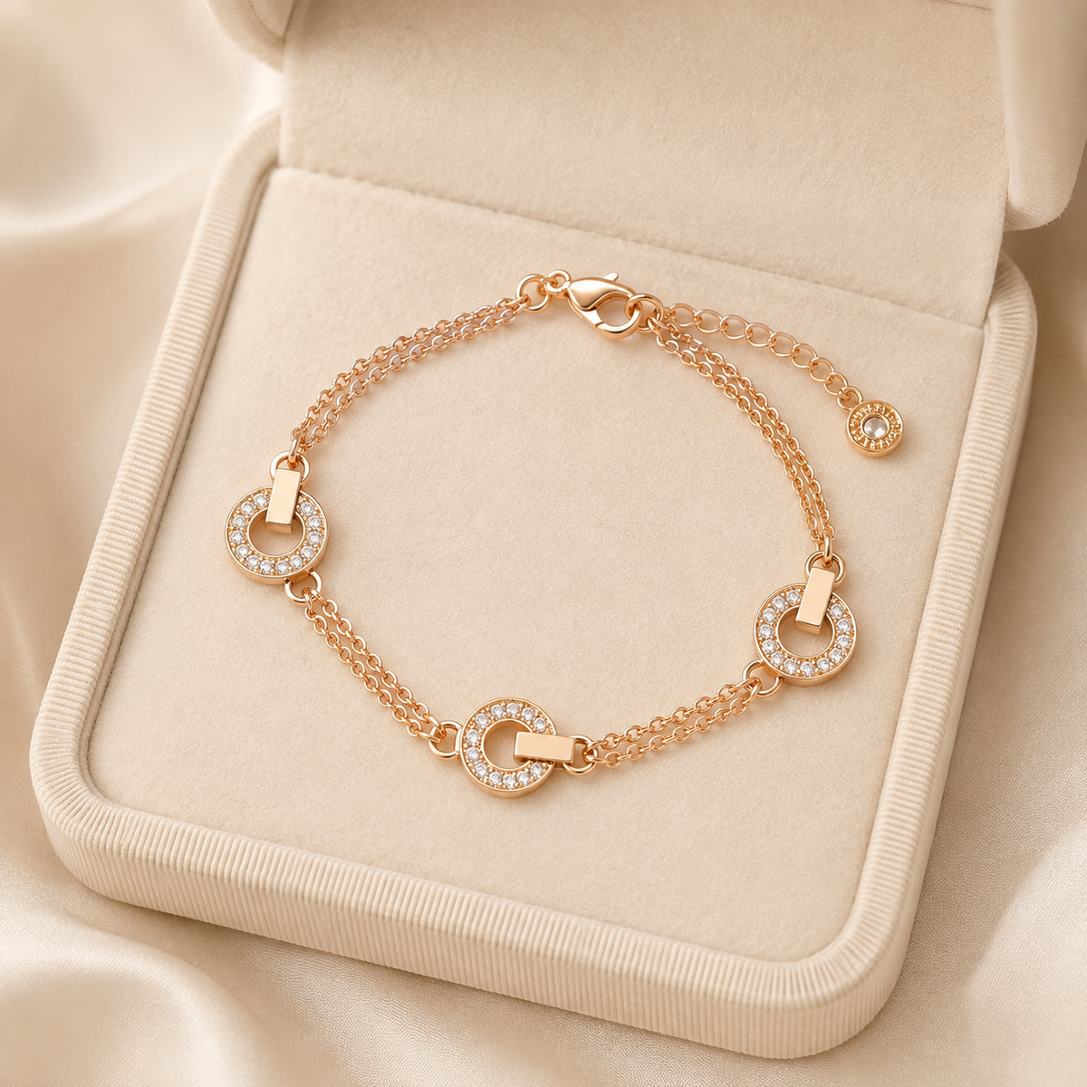 Plated Triple Circle Full Pave CZ Double Chain Bracelet