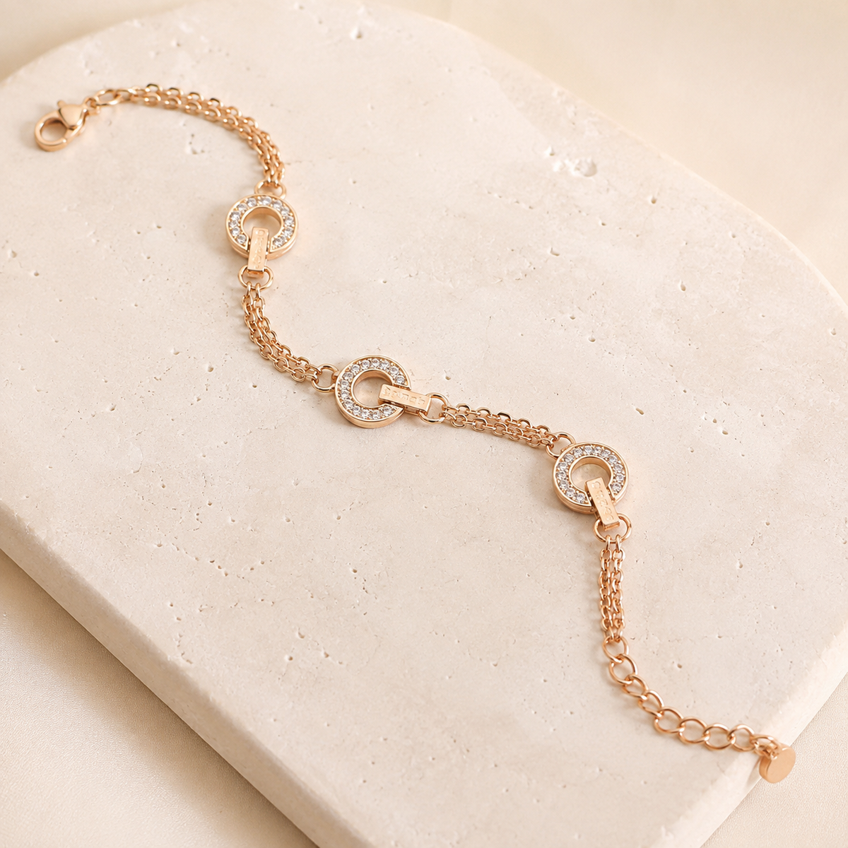 Plated Triple Circle Full Pave CZ Double Chain Bracelet