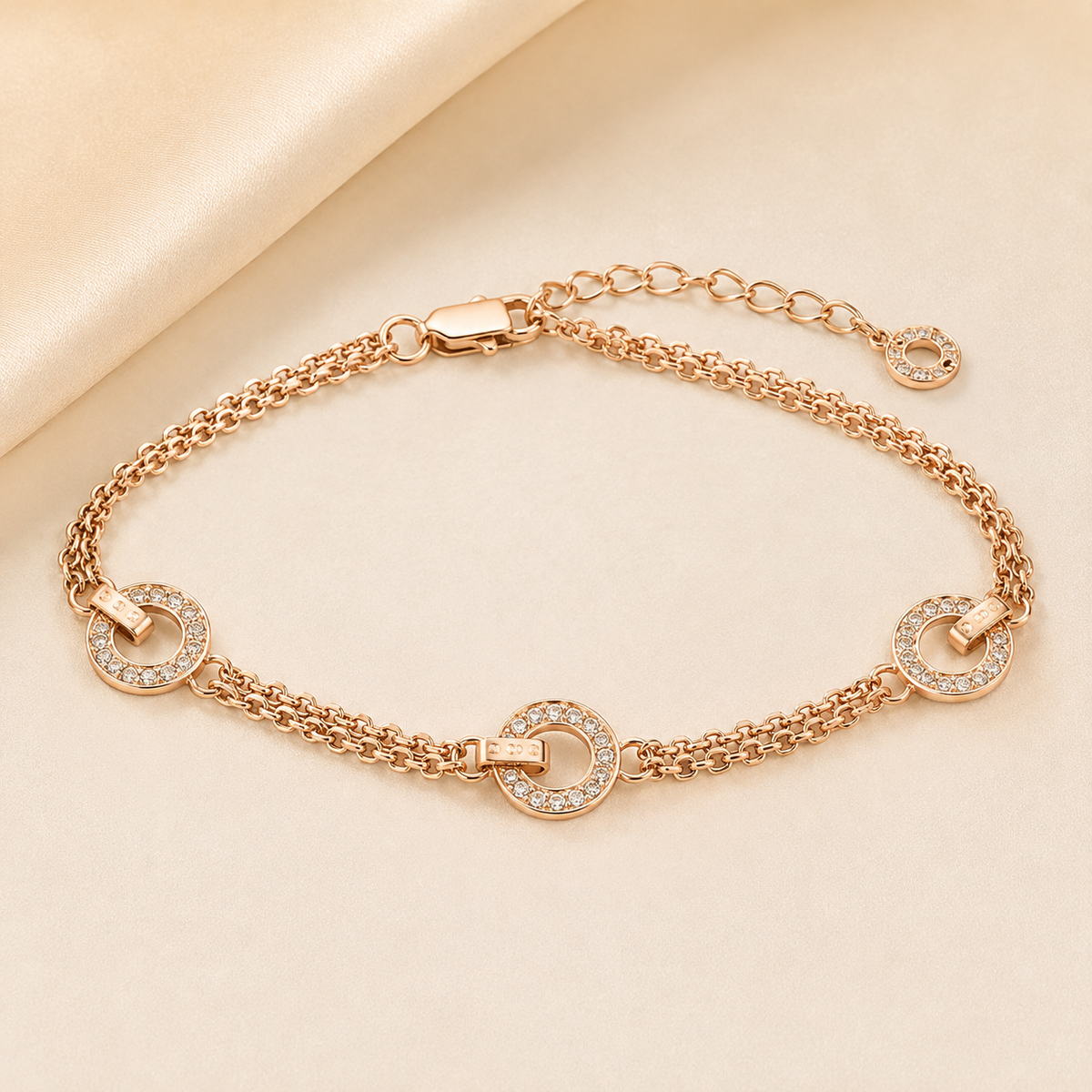 Plated Triple Circle Full Pave CZ Double Chain Bracelet