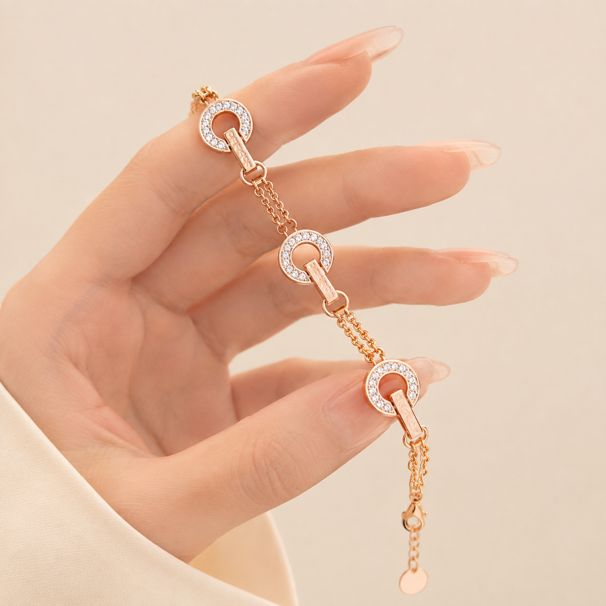 Plated Triple Circle Full Pave CZ Double Chain Bracelet
